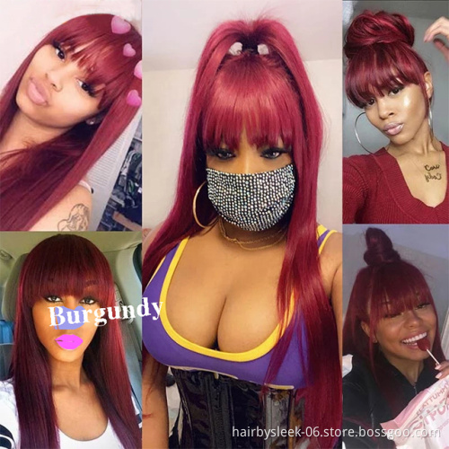 Wholesale 16~28 inches Straight Wig With Bang Brazilian Remy Human Hair Wig Burgundy Orange brown black Full Machine Made Wig